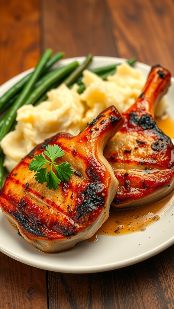 Baked pork chops on a plate with mashed potatoes and green beans, garnished with parsley.